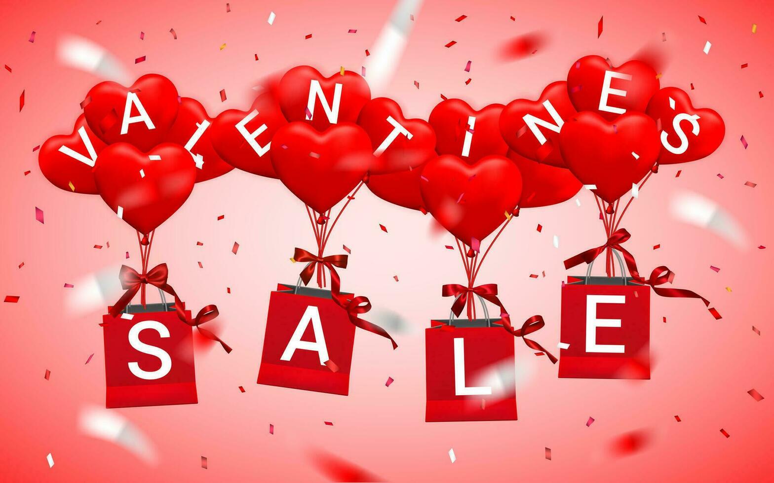 Verkauf, glücklich Valentinsgrüße Tag Hintergrund, rot Ballon im bilden von Herz mit Bogen und Band und Papier Einkaufen Tasche. Vektor Illustration