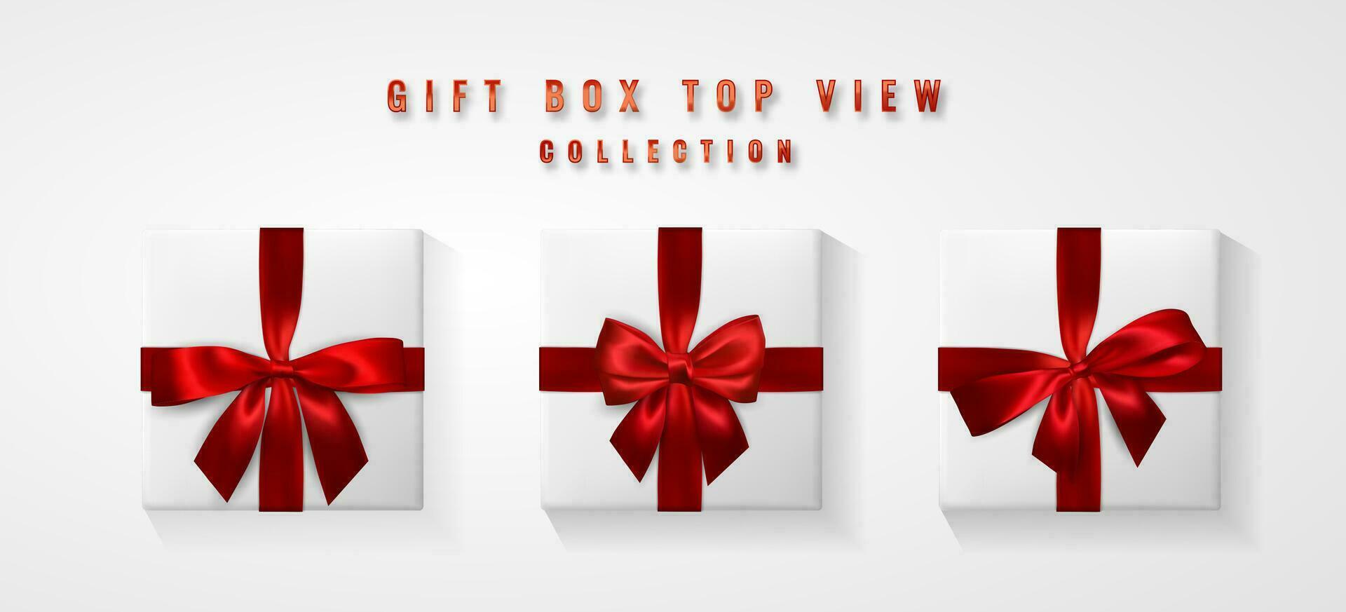 einstellen Weiß Geschenk Box mit rot Bogen und Band oben Sicht. Element zum Dekoration Geschenke, Grüße, Feiertage. Vektor Illustration