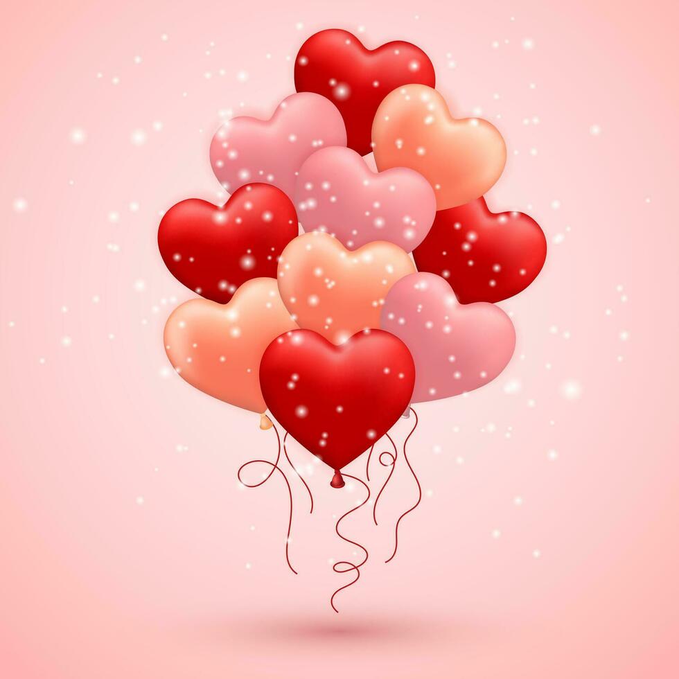 glücklich Valentinsgrüße Tag, Rot, Rosa und Orange Ballon im bilden von Herz mit Band Vektor Bild