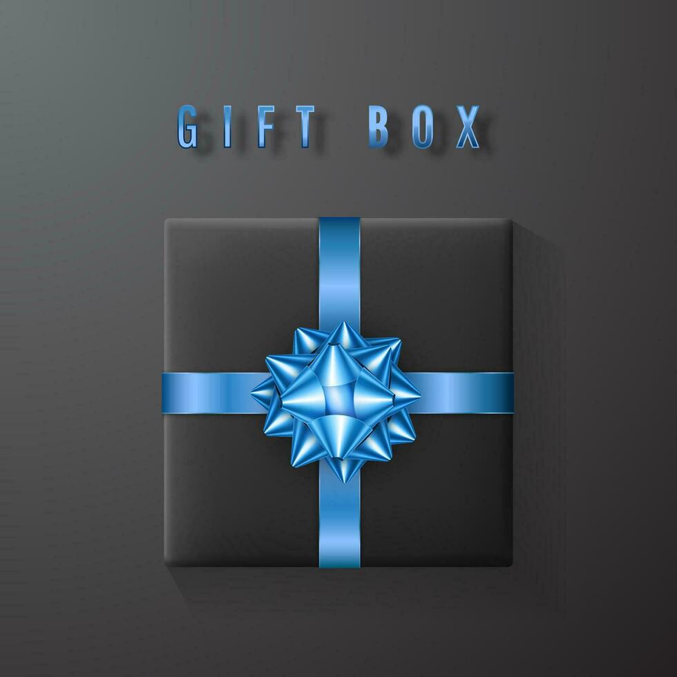 schwarz Geschenk Box mit Blau Bogen und Band oben Sicht. Element zum Dekoration Geschenke, Grüße, Feiertage. Vektor Illustration