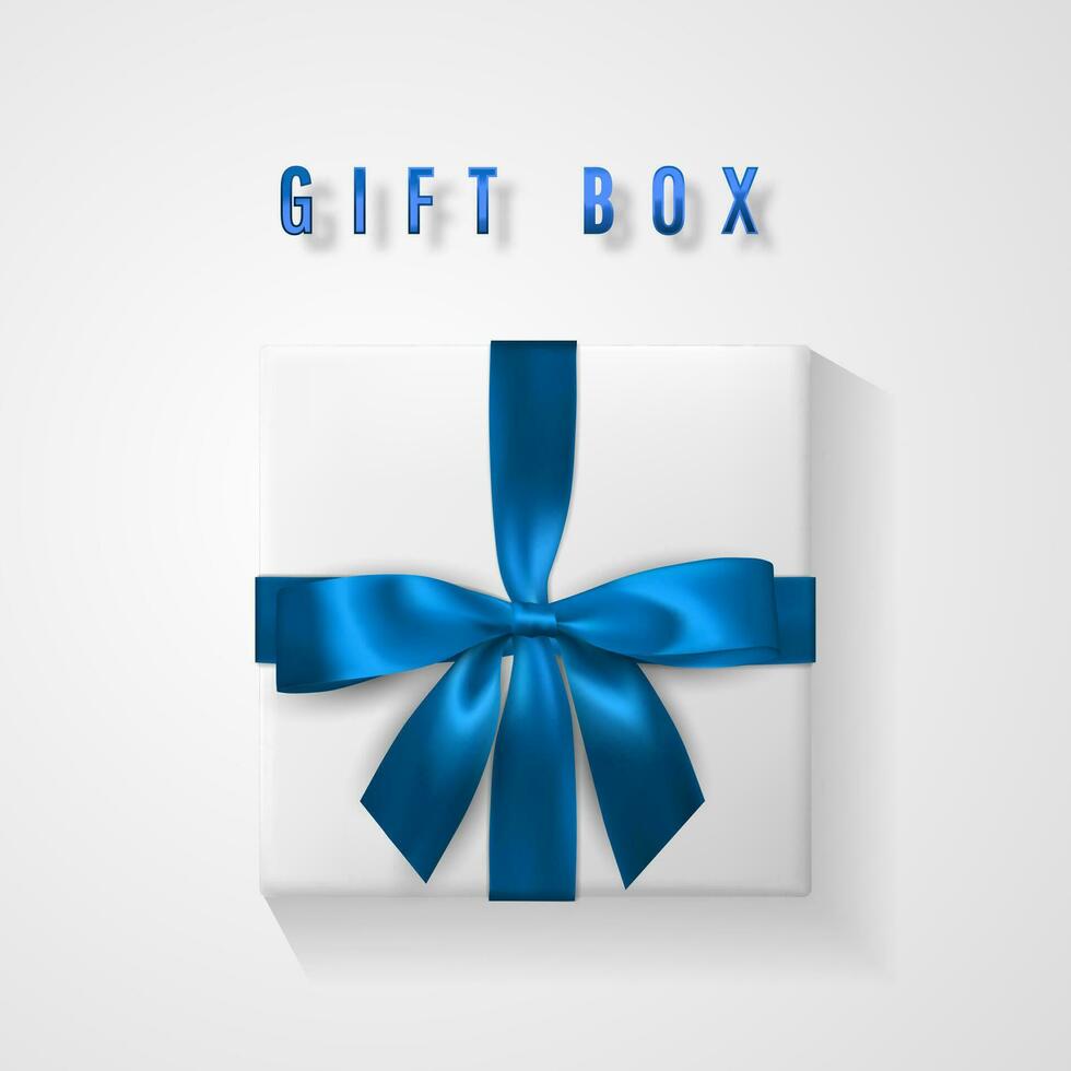 uppsättning vit gåva låda med blå rosett och band topp se. element för dekoration gåvor, hälsningar, högtider. vektor illustration