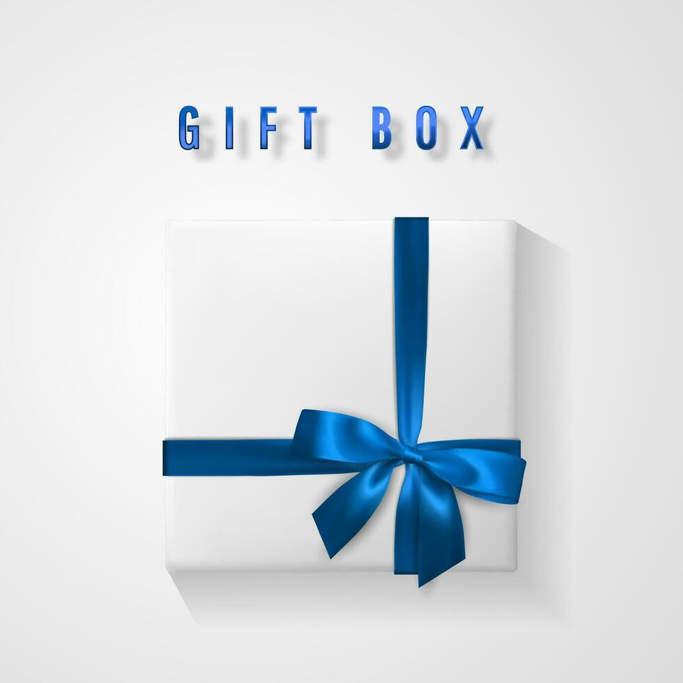 einstellen Weiß Geschenk Box mit Blau Bogen und Band oben Sicht. Element zum Dekoration Geschenke, Grüße, Feiertage. Vektor Illustration