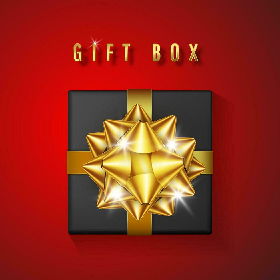 realistisk svart gåva låda med gyllene rosett och band. element för dekoration gåvor, hälsningar, högtider. vektor illustration