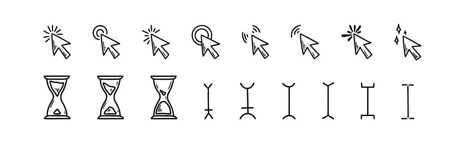 Gekritzel klicken Symbol Satz. Hand gezeichnet Maus Tippen Mauszeiger. Drücken Sie Hier Zapfhahn Taste. Pfeil und Finger Zeiger. skizzieren Vektor Illustration. Sanduhr Uhr Zeit Countdown Symbol