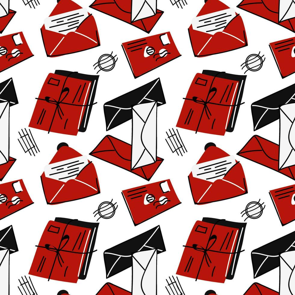 Vektor nahtlos Muster von geschlossen und öffnen Umschläge mit Briefe im Rot, Schwarz, und Weiß Farben. handgemalt Post- Hintergrund mit Umschläge, Briefmarken, Umschläge im ein Stapel. Mail Korrespondenz