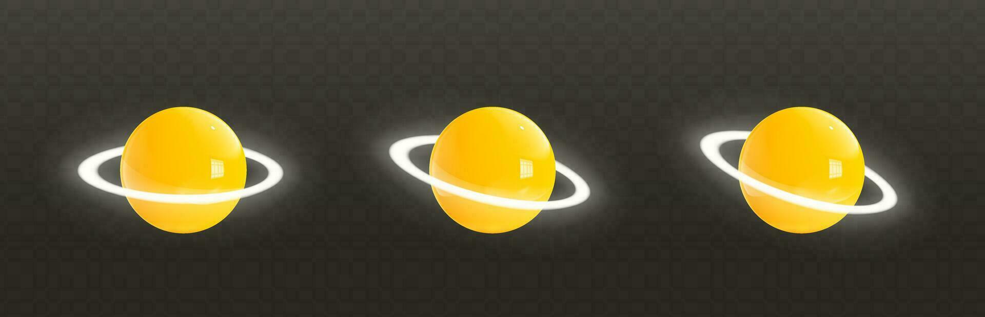 einstellen von glänzend golden 3d Saturn Symbole mit Weiß Neon- glühend Ringe um im realistisch Stil Wiedergabe. Gelb Karikatur Plastik Planeten auf dunkel Hintergrund. Vektor Illustration