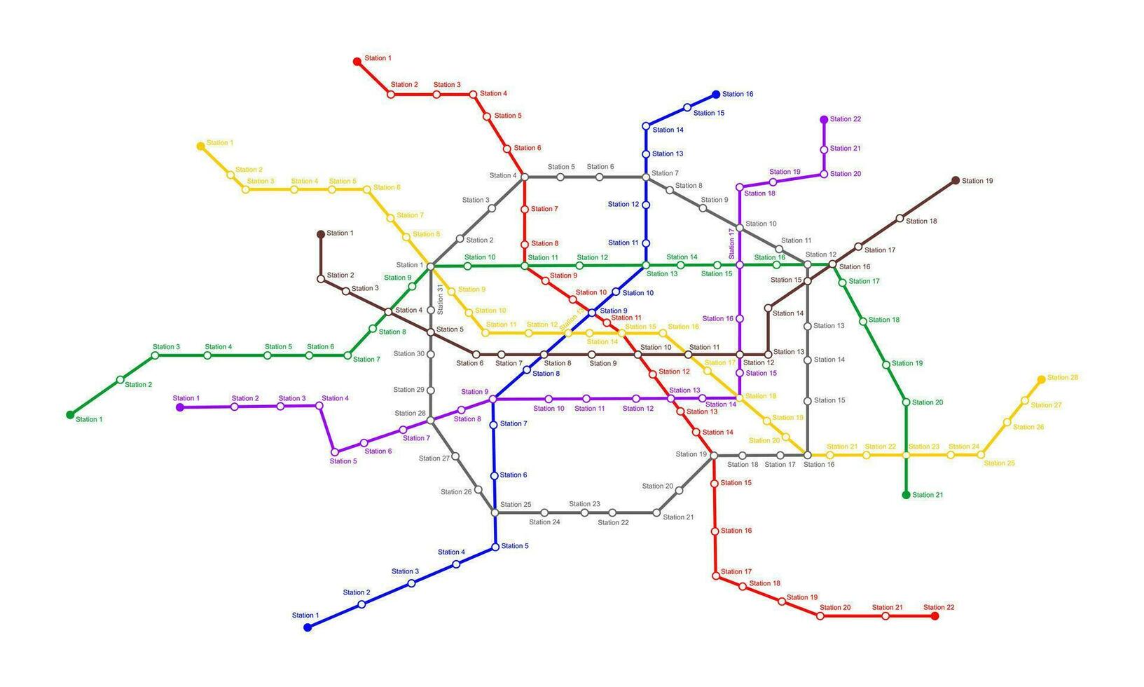 metro Karta med många färgad sätt rader och stationer. tunnelbana schema mall. infographic planen av offentlig snabb underjordisk transport nätverk vektor