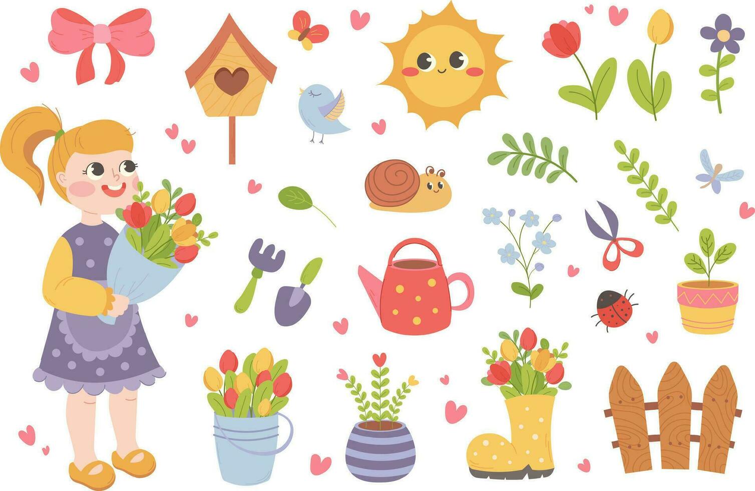 vår uppsättning i tecknad serie platt stil. flicka med bukett, tulpaner, blommor, Sol, fågelholk, staket, vattning burk. vektor illustration