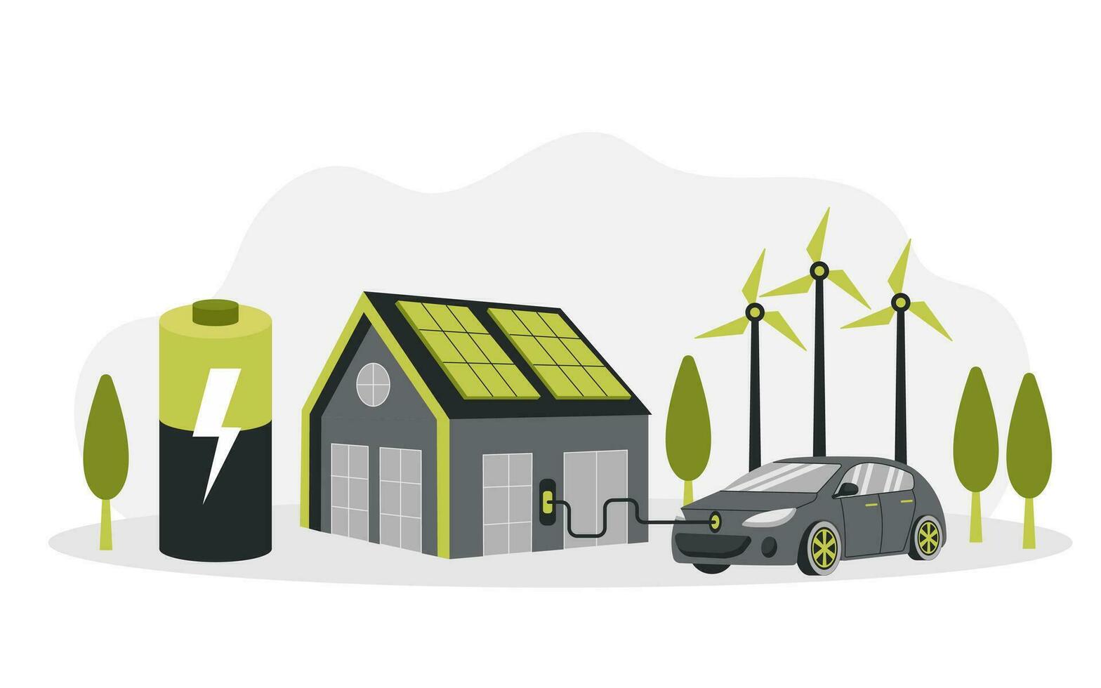 Grün Energie. Clever Netz. verlängerbar. Haus mit Windmühlen und Solar- Energie Tafeln, elektrisch Auto in der Nähe von Laden Bahnhof. vektor