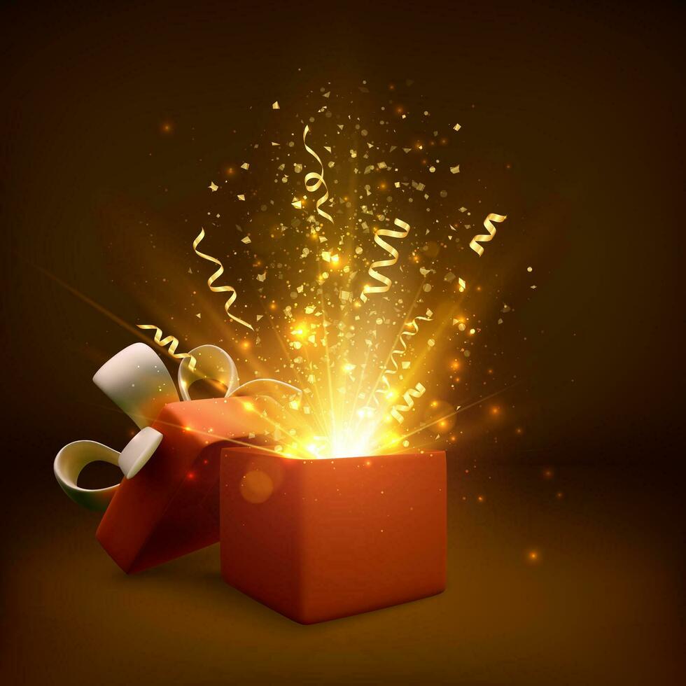 öffnen Geschenk mit Feuerwerk und funkeln. Geschenk Box Dekoration Design Element. Urlaub Banner mit öffnen Kasten. Vektor Illustration