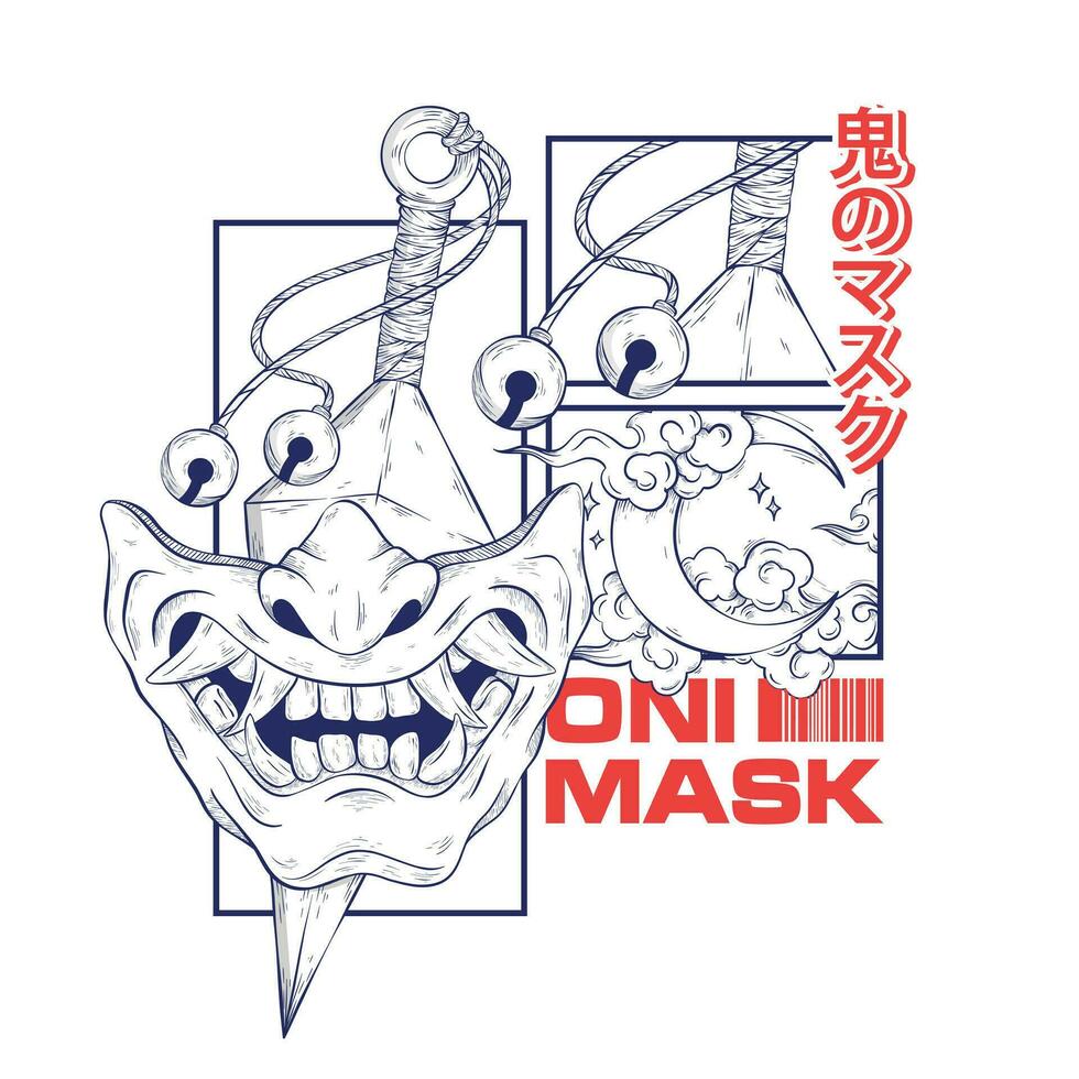 japansk demon på i mask illustration t skjorta design vektor