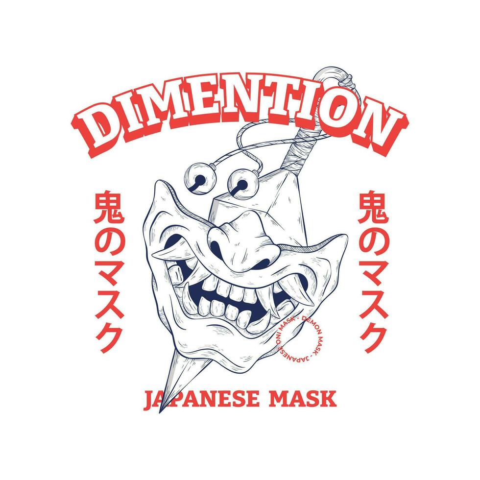 japansk demon på i mask illustration t skjorta design vektor