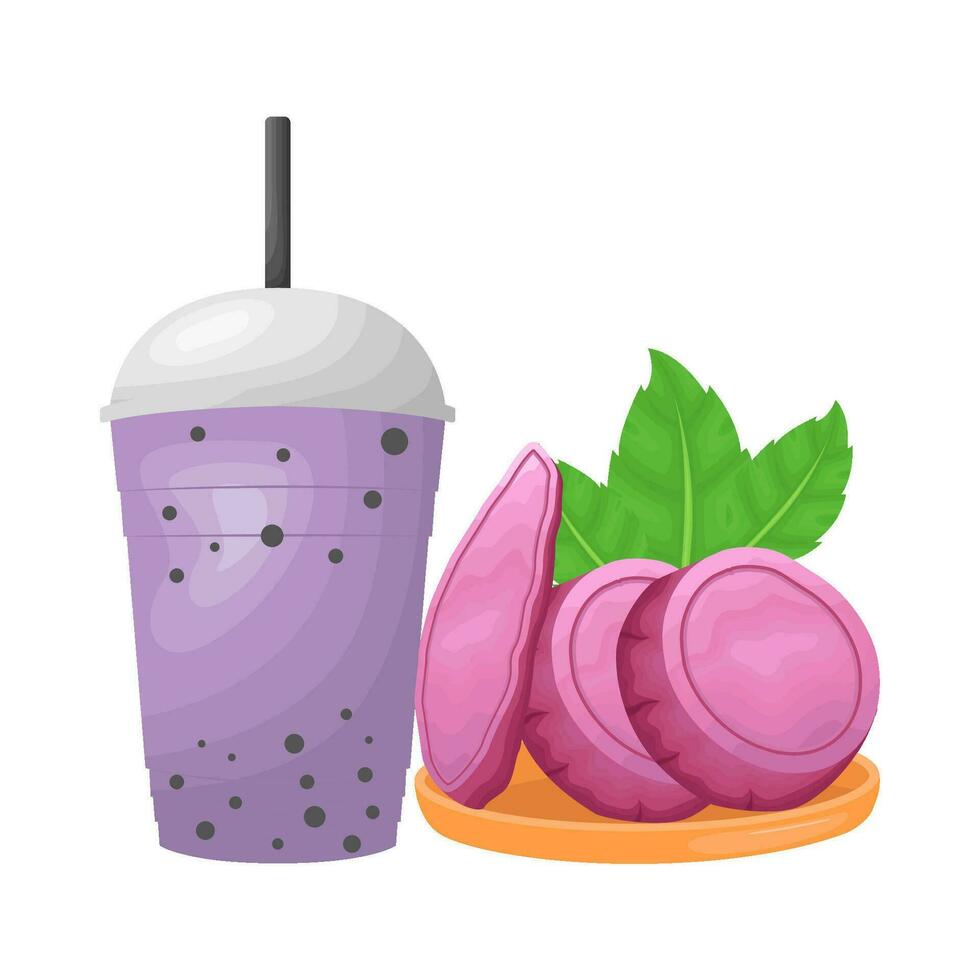 Süss Kartoffel im Untersetzer mit Tasse Taro trinken Illustration vektor