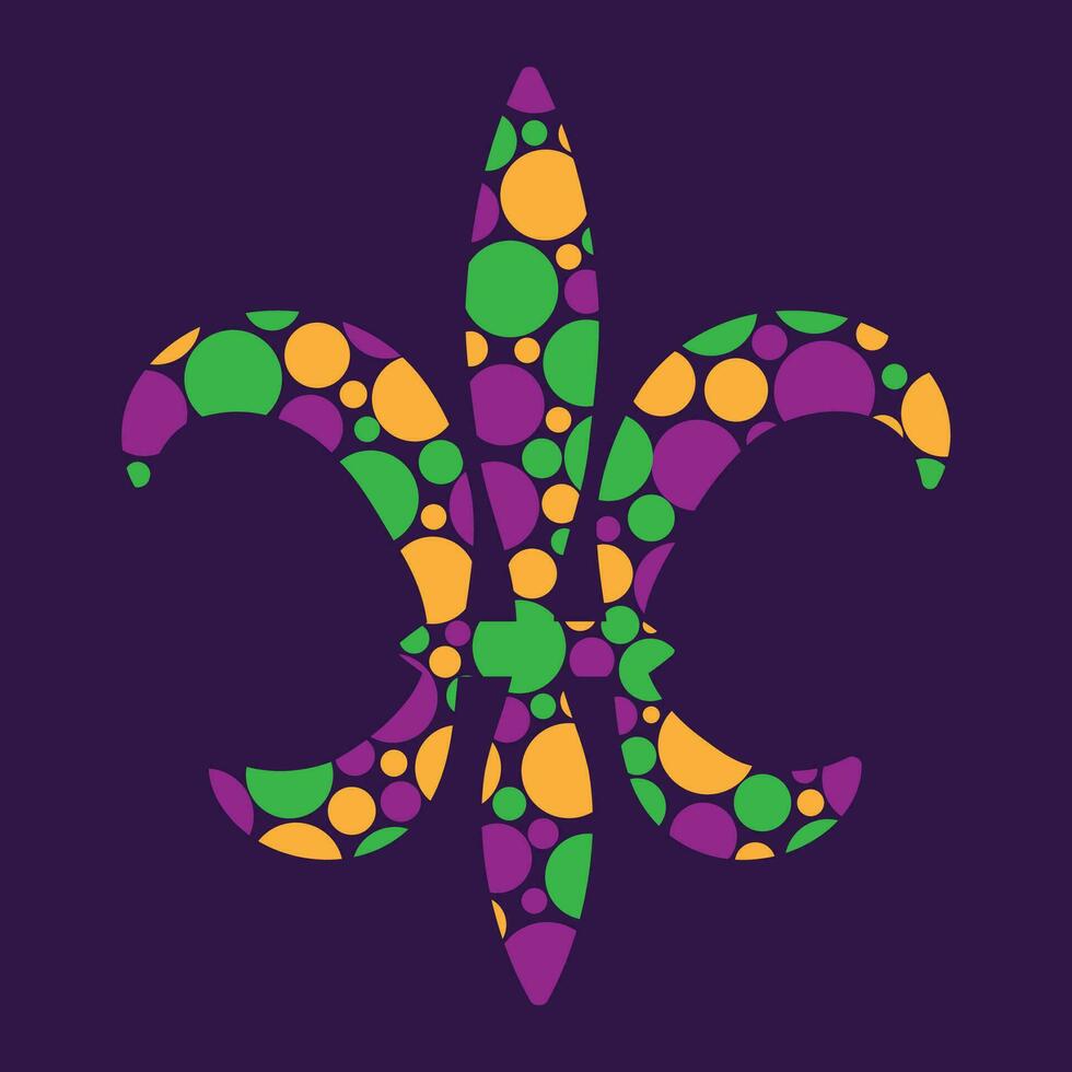 fleur de lis silhuett med färgrik cirklar inuti. vektor illustration av en heraldisk lilja på en mörk bakgrund. de ikon av de mardi gras karneval symbol