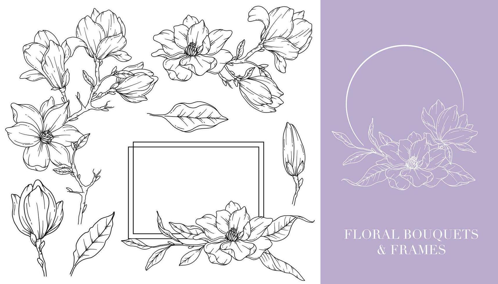 Magnolie Linie Zeichnung. Blumen- Frames und Blumensträuße. Blumen- Linie Kunst. fein Linie Magnolie Frames Hand gezeichnet Illustration. Hand gezeichnet Gliederung Magnolien. botanisch Färbung Buchseite. Magnolie isoliert vektor