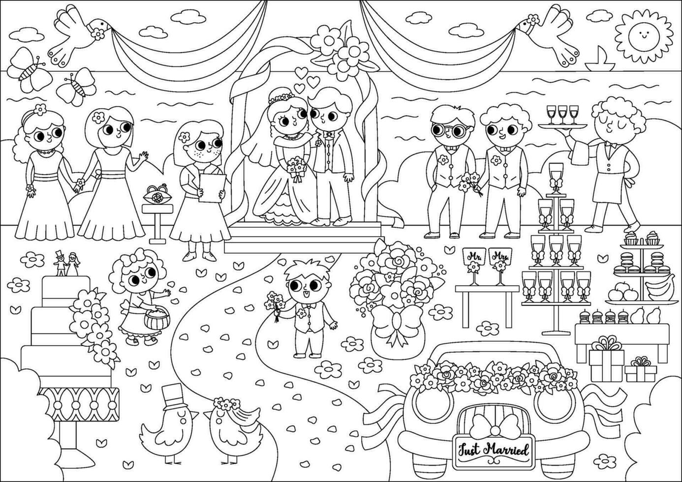 vektor svart och vit bröllop scen. söt linje äktenskap ceremoni illustration eller färg sida med bara gift par i de båge, registrator, brudtärnor och brudgum, godis bar, kaka