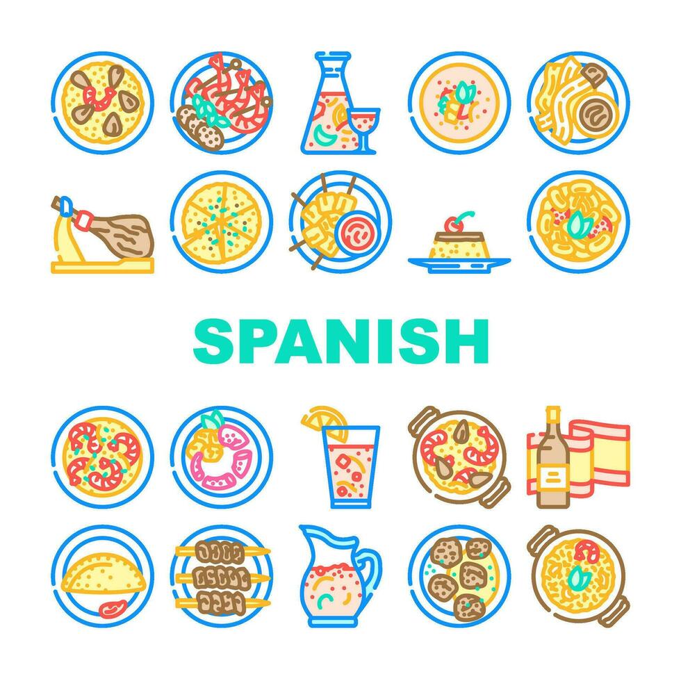 Spanisch Küche Essen Spanien Paella Symbole einstellen Vektor