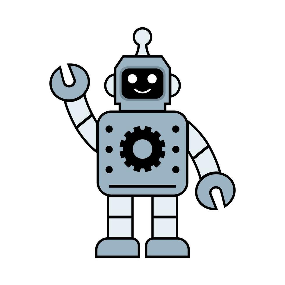 Lycklig rolig tecknad serie barnslig robot linje ikoner. maskin teknologi cyborg. trogen humanoid karaktär maskot. vetenskap robot, android vänlig karaktär, robot teknologi vektor illustration
