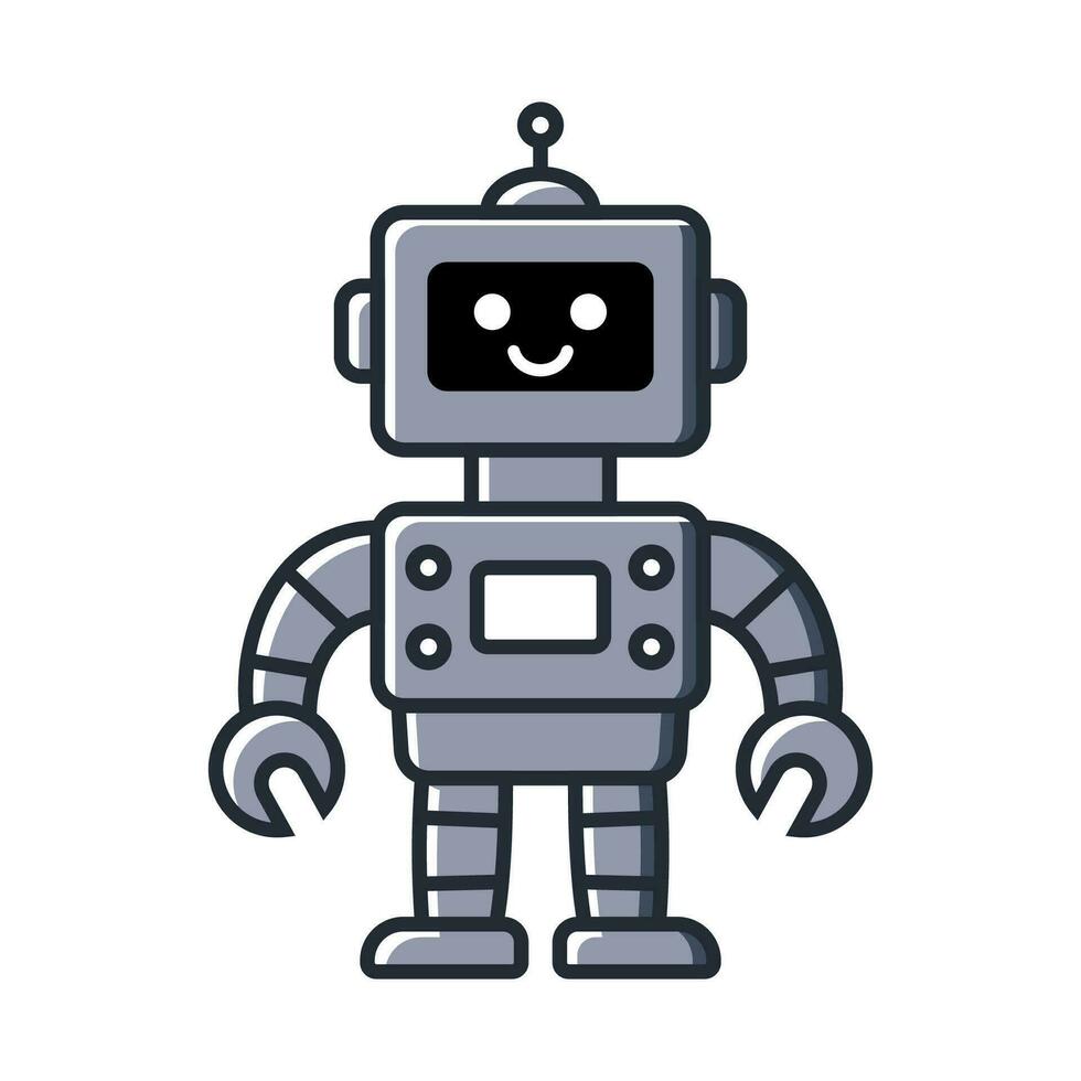 Lycklig rolig tecknad serie barnslig robot linje ikon. maskin teknologi cyborg. trogen humanoid karaktär maskot. vetenskap robot, android vänlig karaktär, robot teknologi vektor illustration