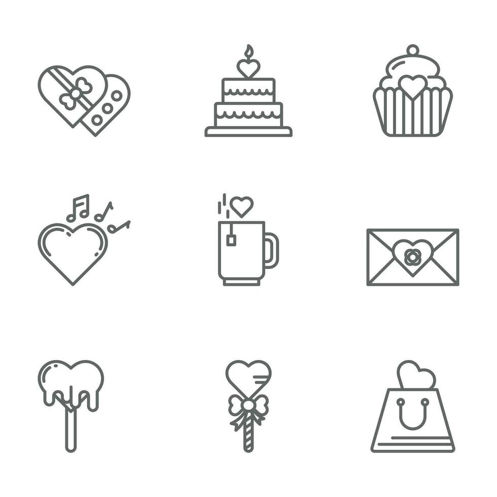 Valentinstag Tag Symbol Design Vektor Symbol einstellen einschließlich Schokolade Liebe, Kuchen, Tasse Kuchen, romantisch Musik, Kaffee, Liebe Brief, Eis Creme, Lutscher, Einkaufen