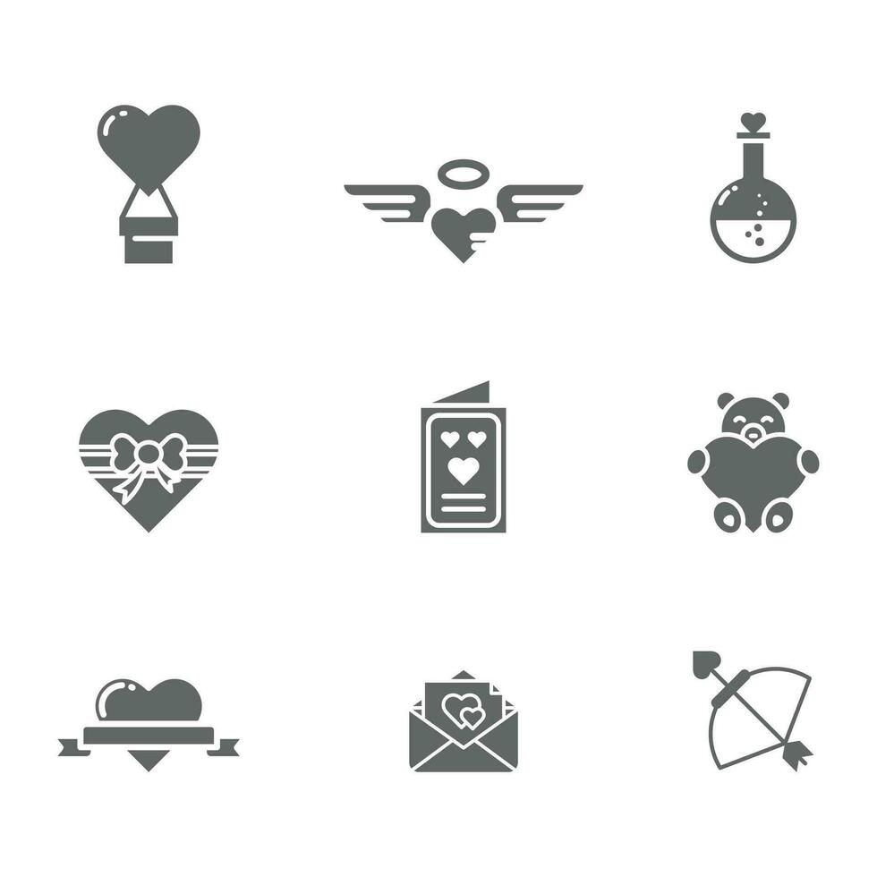 Valentinstag Tag solide Symbol Design Vektor Symbol einstellen einschließlich heiß Luft Ballon, Liebe Engel, Gift, Geschenk, Karte, Teddy tragen, Brief, Pfeil