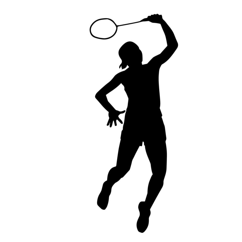silhuett av kvinna badminton idrottare i verkan utgör. silhuett av en smal kvinna spelar badminton sport. vektor