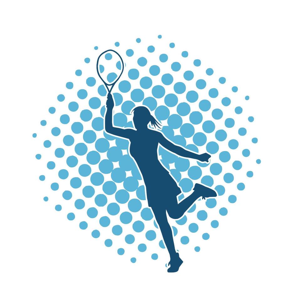 silhuett av en kvinna tennis spelare i verkan utgör. silhuett av en kvinna spelar tennis sport med racket. vektor