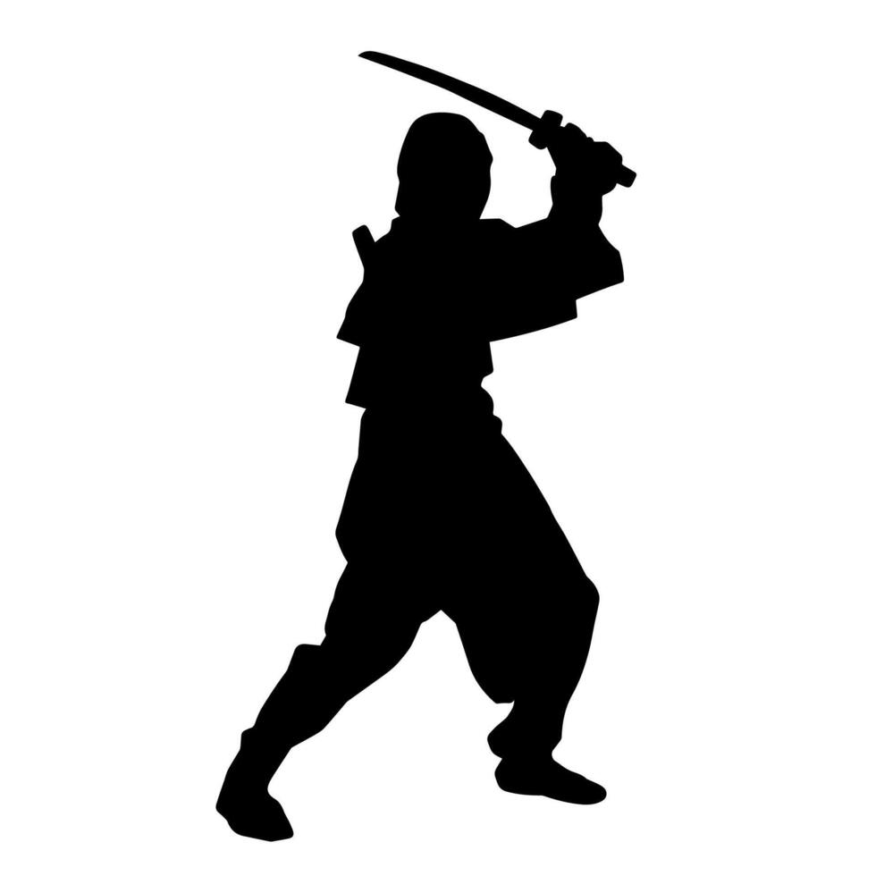 Silhouette von ein männlich Kämpfer im kriegerisch Kunst Kostüm Tragen Samurai Schwert Waffe. vektor