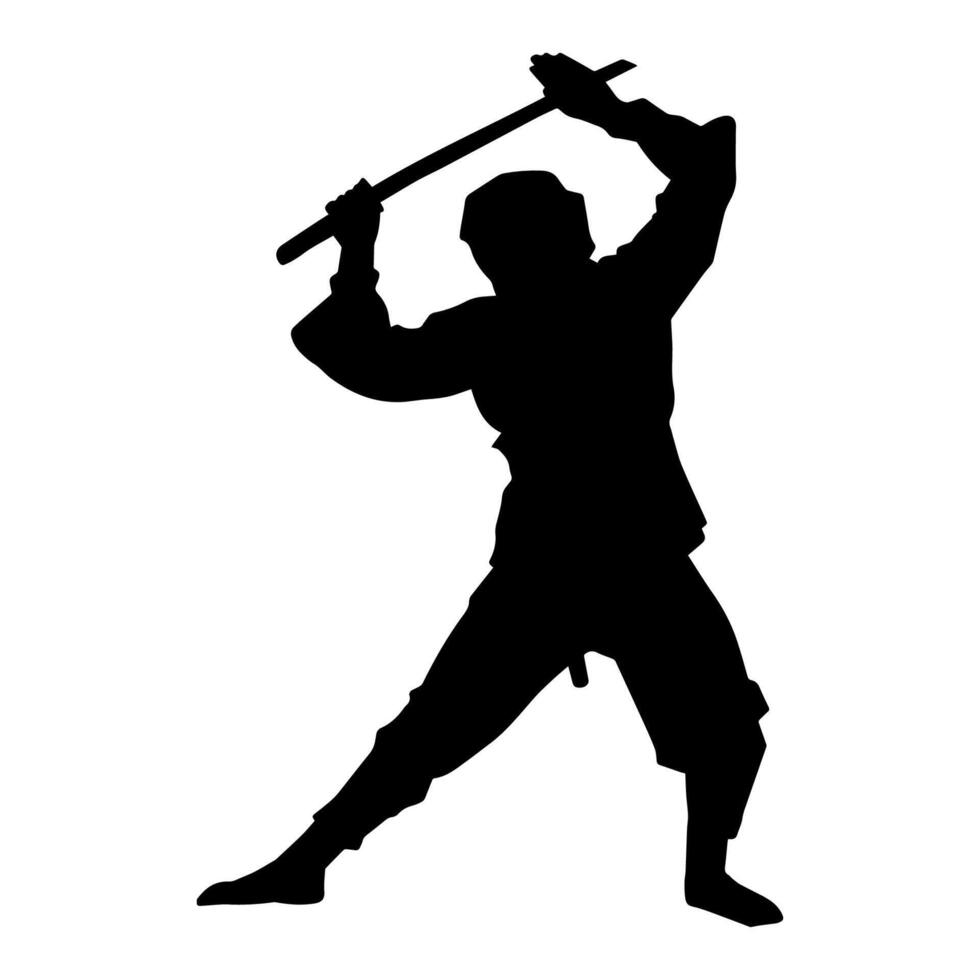 Silhouette von ein männlich Kämpfer im kriegerisch Kunst Kostüm Tragen Samurai Schwert Waffe. vektor