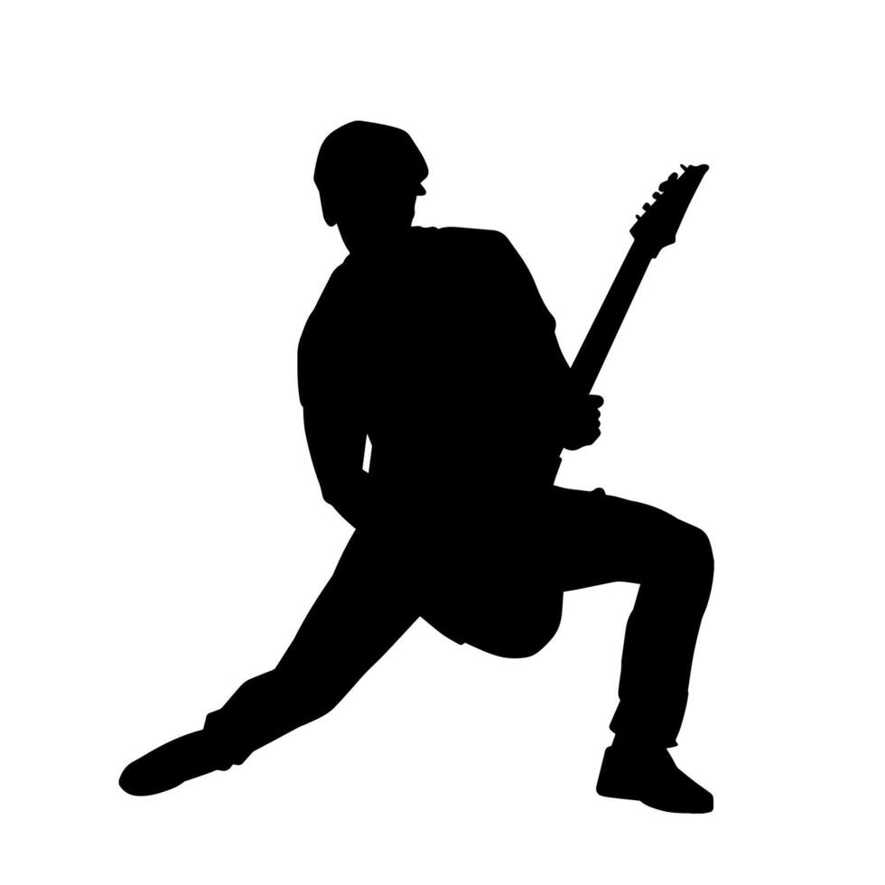 Silhouette von ein Musiker spielen elektrisch Gitarre Musical Instrument. Silhouette von ein männlich Gitarre Spieler durchführen. vektor