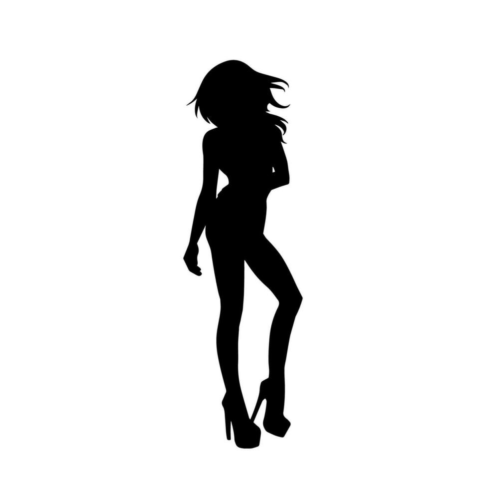 Silhouette von ein jung schlank weiblich Modell- im fest Outfit. Silhouette von ein schlank Frau im feminin Pose. vektor