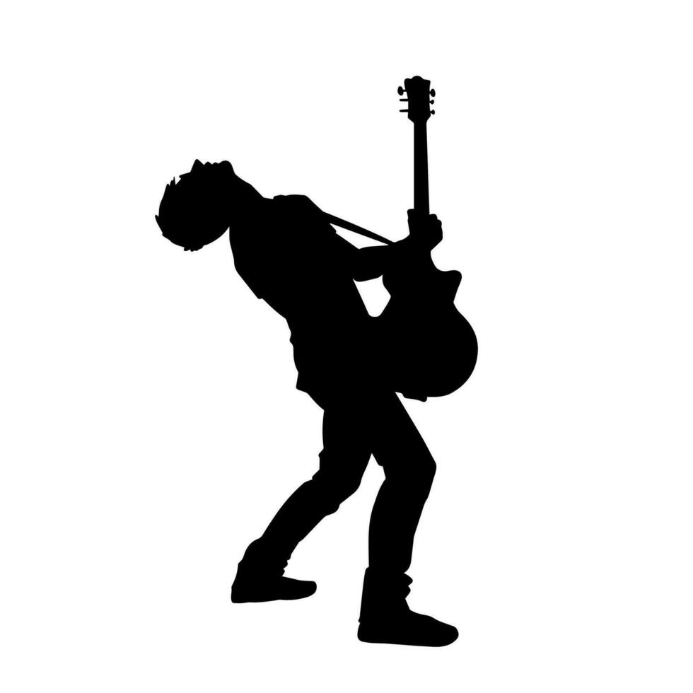 silhuett av en musiker spelar elektrisk gitarr musikalisk instrument. silhuett av en manlig gitarr spelare utför. vektor
