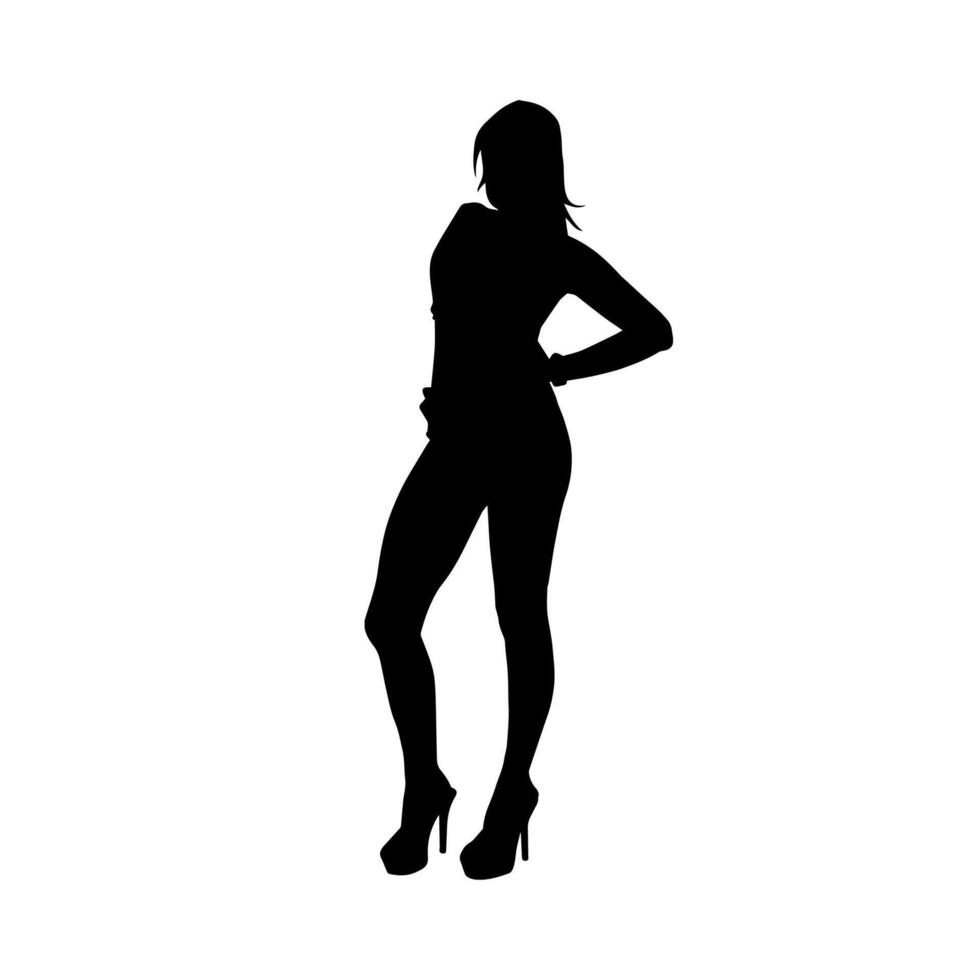Silhouette von ein jung schlank weiblich Modell- im fest Outfit. Silhouette von ein schlank Frau im feminin Pose. vektor