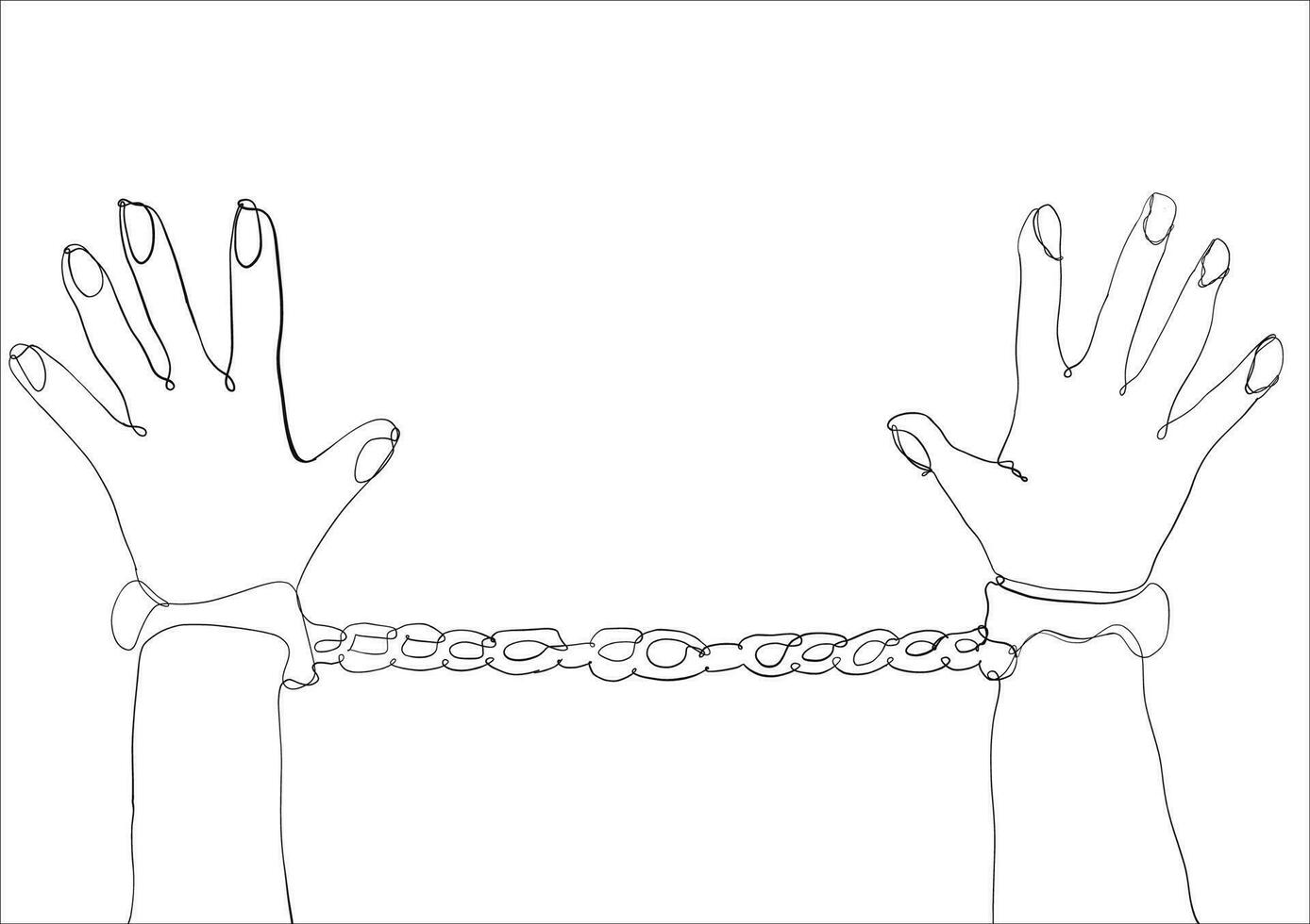 kontinuierlich Linie Zeichnung von Mann im Handschellen mit mit Handschellen gefesselt Hände hinter zurück im Gefängnis. vektor