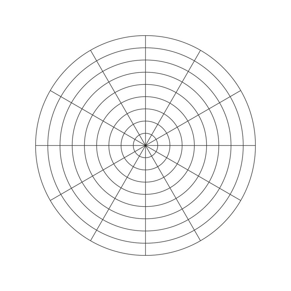 Rad von Leben Vorlage. Polar- Gitter von 12 Segmente und 8 konzentrisch Kreise. Coaching Werkzeug zum visualisieren alle Bereiche von Leben. leer Polar- Graph Papier. Kreis Diagramm von Leben Stil Gleichgewicht. Vektor Symbol.