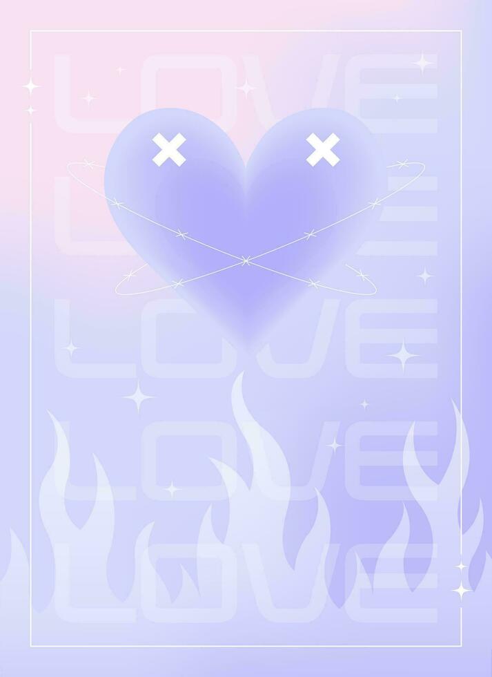 modern y2k design hjärtans dag affisch, hälsning kort. trendig estetisk minimalistisk vektor illustrationer med aura hjärta, abstrakt former, flamma, lutning och typografi.