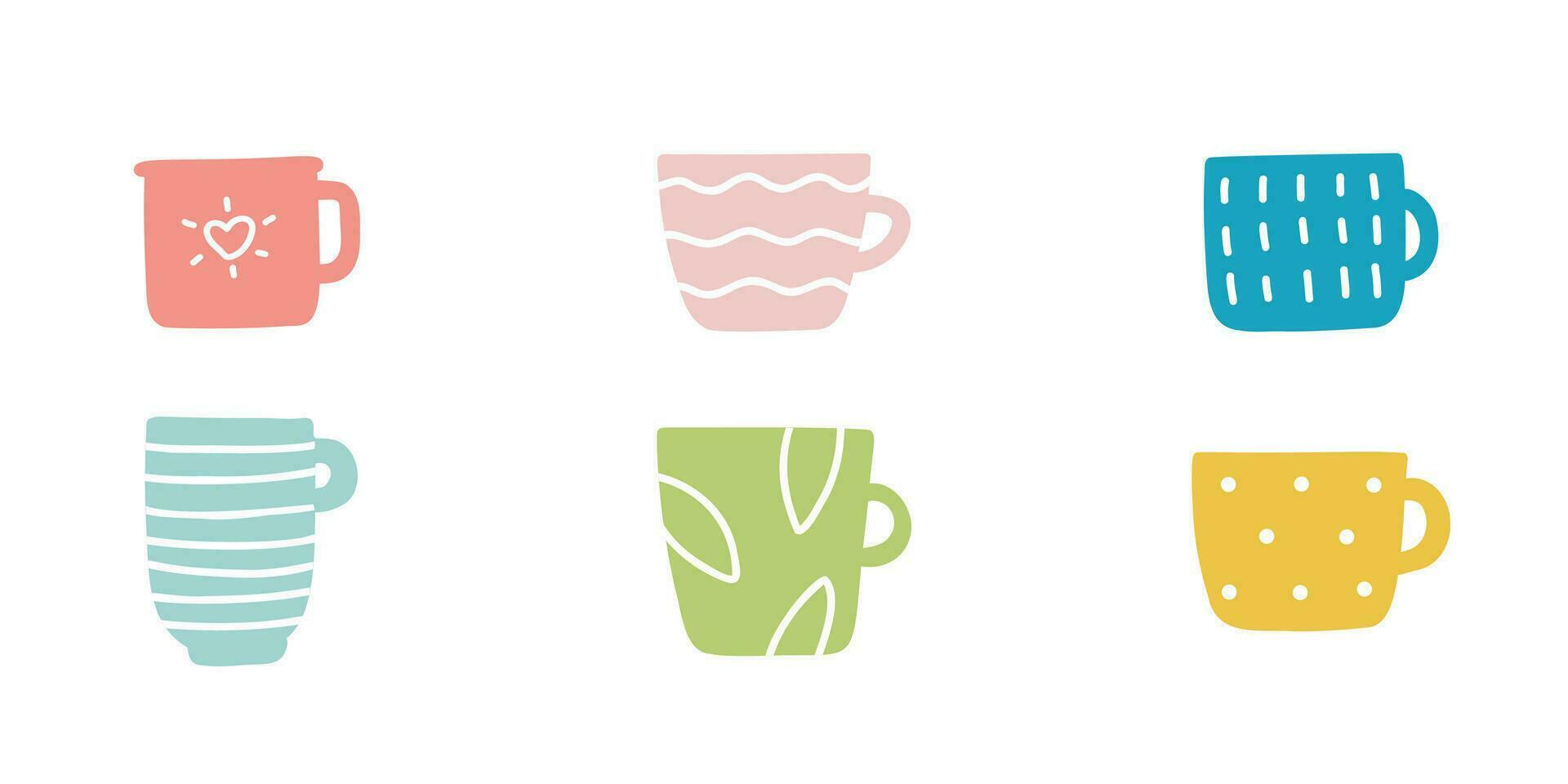 einstellen von Tassen Tassen isoliert Vektor Symbole im anders Farben auf Weiß Hintergrund. süß eben Design Elemente Illustrationen.