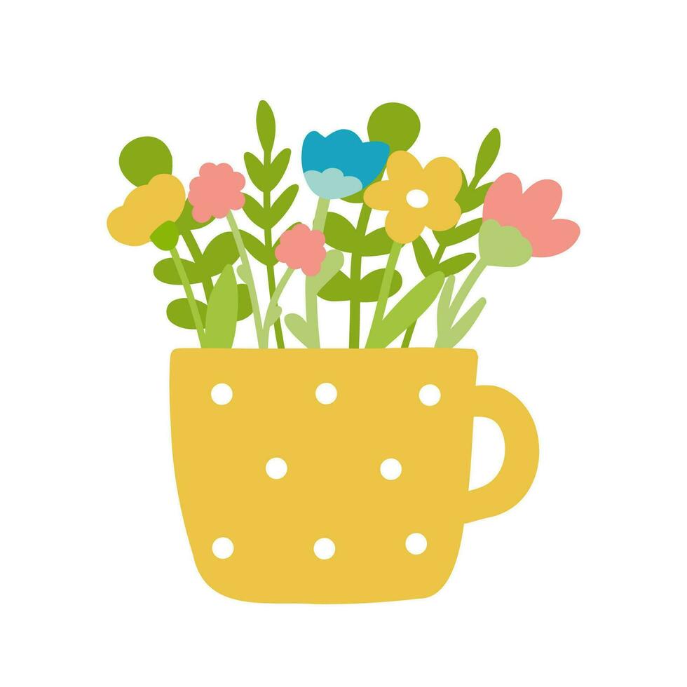 Blumen im Tasse Vektor Illustration isoliert auf Weiß Hintergrund. anders bunt Blumen im eben Design und süß einfach Stil. Gelb Tasse Weiß Polka Punkte.