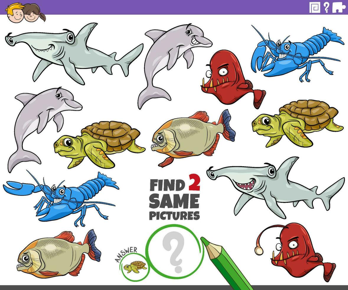 hitta två samma tecknad serie hav liv djur pedagogisk aktivitet vektor