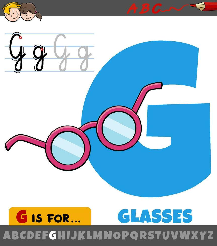 Brief G von Alphabet mit Karikatur Brille Objekt vektor