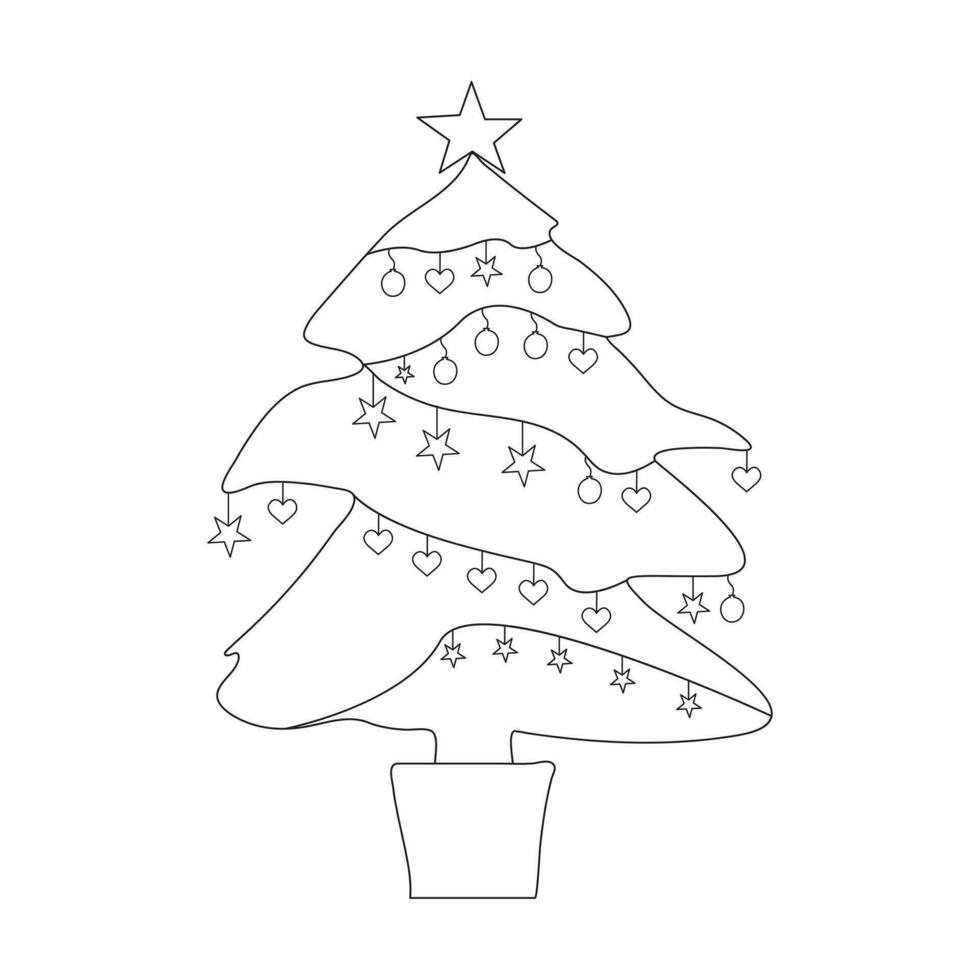 kontinuerlig ett linje teckning av jul träd med stjärna, krans och dekorationer. hand dragen jul träd isolerat på vit bakgrund. linjär stil. vektor illustration