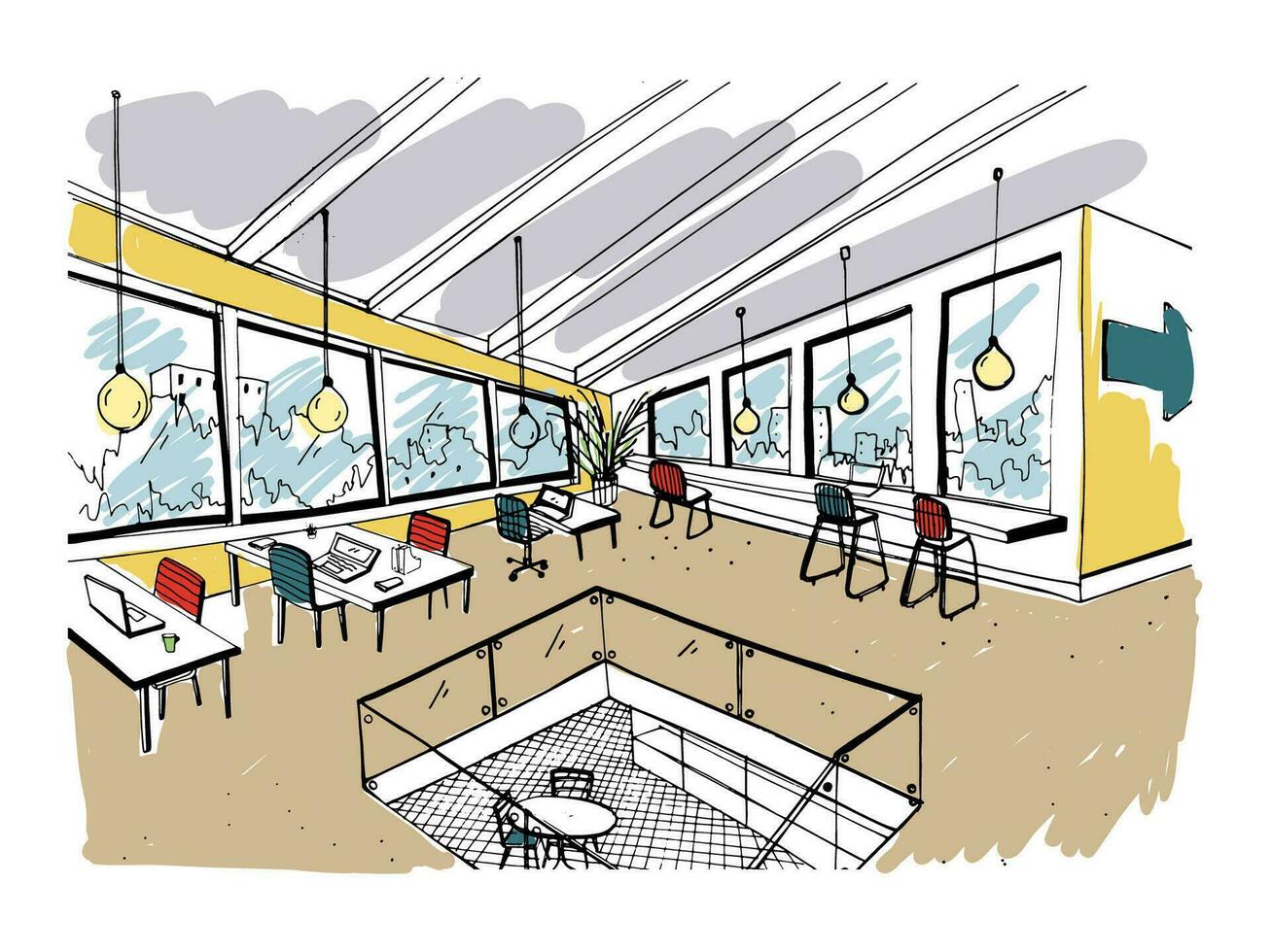 Hand gezeichnet Coworking Cluster. modern Büro Innere, öffnen Raum. Arbeitsplatz mit Computers, Laptops, Beleuchtung und Platz zum ausruhen. bunt horizontal Vektor skizzieren Illustration.