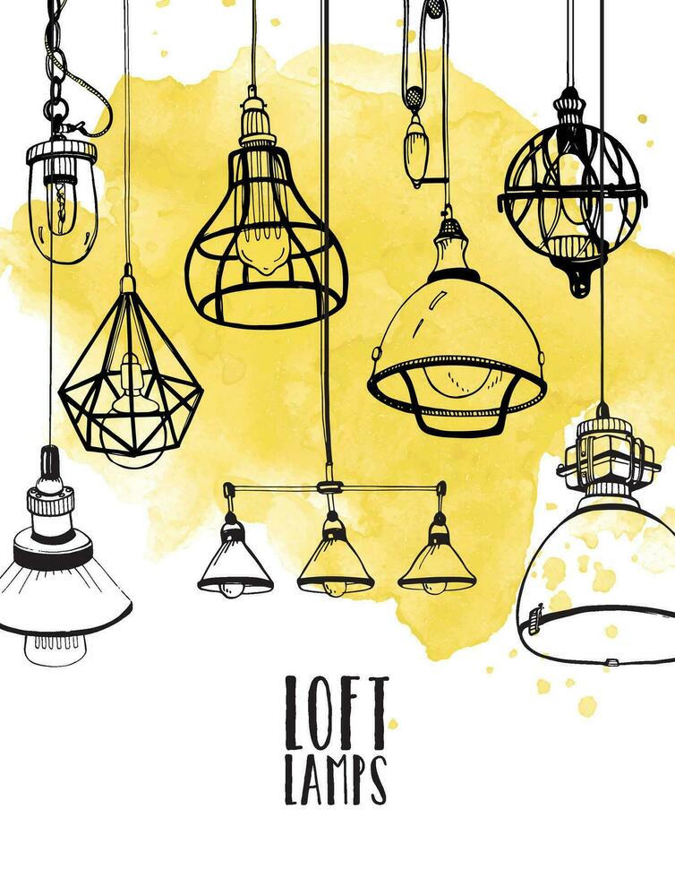 Flyer mit modern Edison Dachgeschoss Lampen, Jahrgang, retro Stil Licht Glühbirnen. Hand gezeichnet Vektor Hintergrund