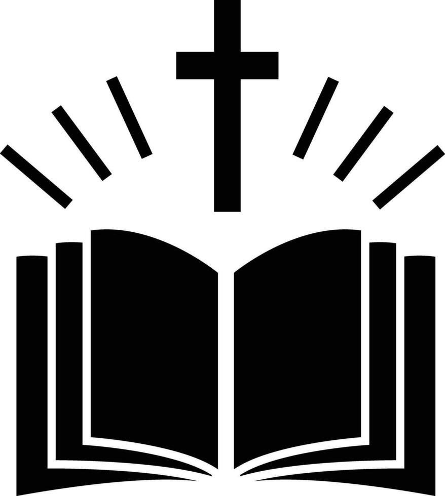 Emblem mit heilig Bibel und Kreuz Symbol. religiös Gemeinschaft unterzeichnen. öffnen Bibel das heilig Buch von Christen Symbol. eben Stil. vektor