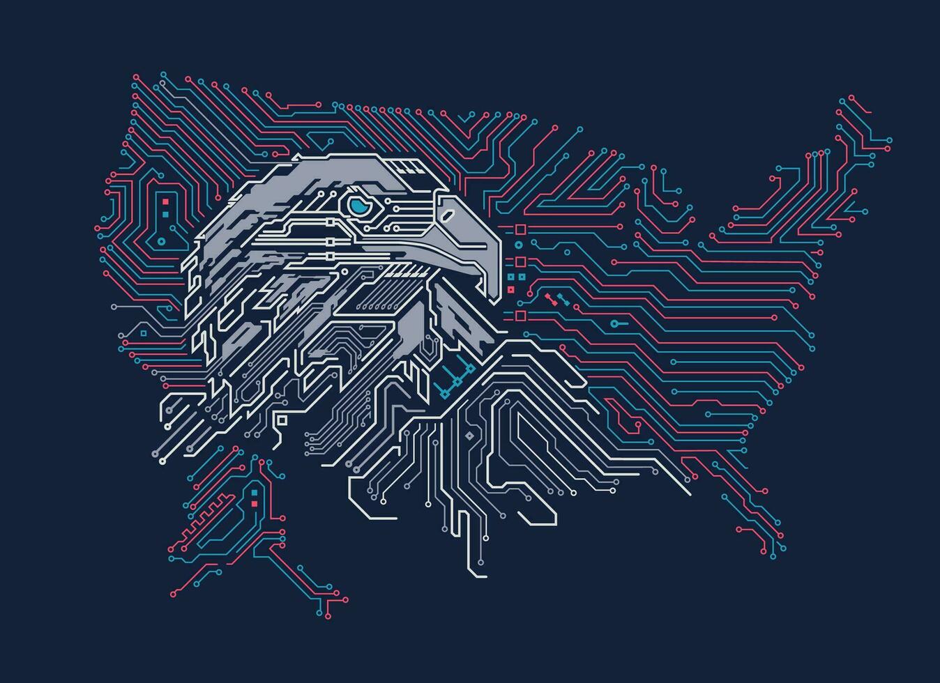 Konzept von USA Technik Krieg oder vereinigt Zustände Technologie, Grafik von Adler kombiniert mit Schaltkreis Tafel Muster mit USA Karte vektor