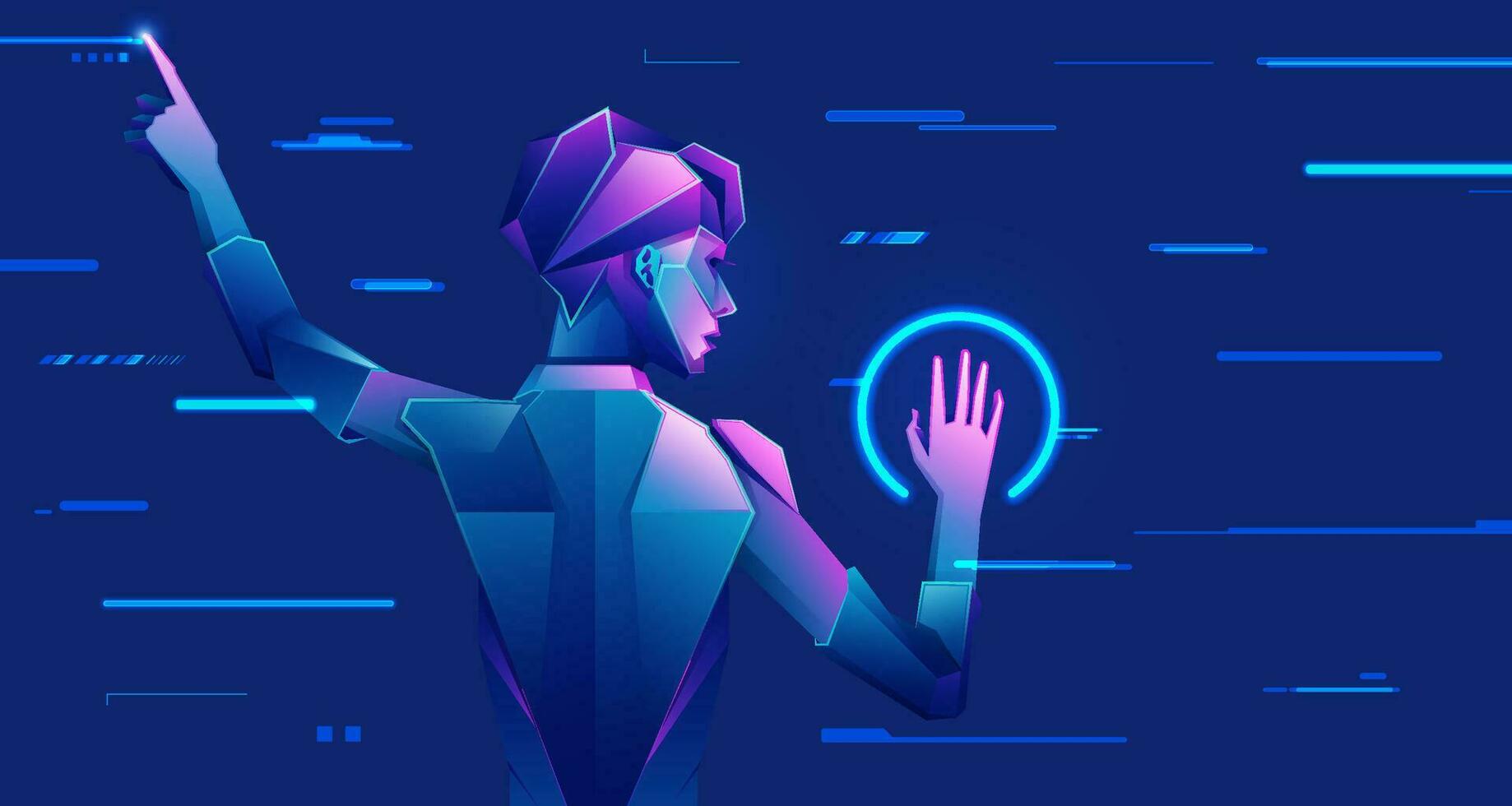 Konzept von Digital Transformation oder tief Lernen, Grafik von futuristisch Mann mit Technik Element vorgestellt im Cyberpunk Charakter Stil vektor