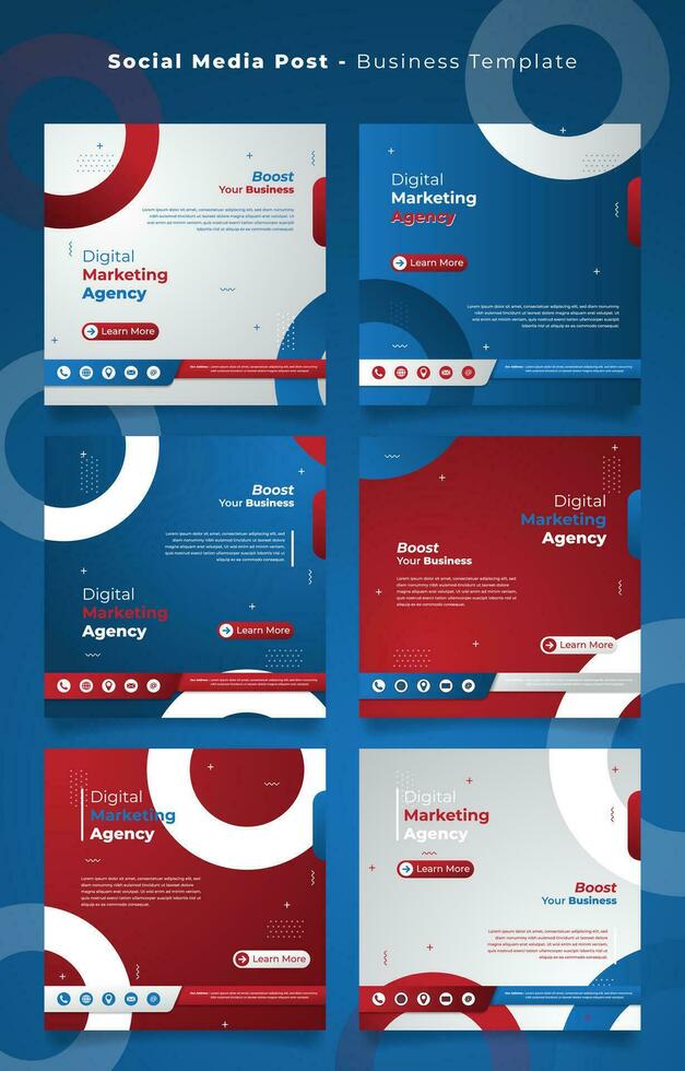 social media posta mall i röd blå vit bakgrund med cirkel design för företag marknadsföring vektor