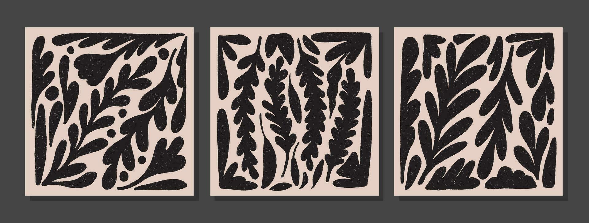uppsättning av vägg konst med växter silhuetter. collage med lockigt grenar med grunge textur. retro stil abstrakt minimalistisk konst mural illustration. samling av enkel blommig mönster vektor