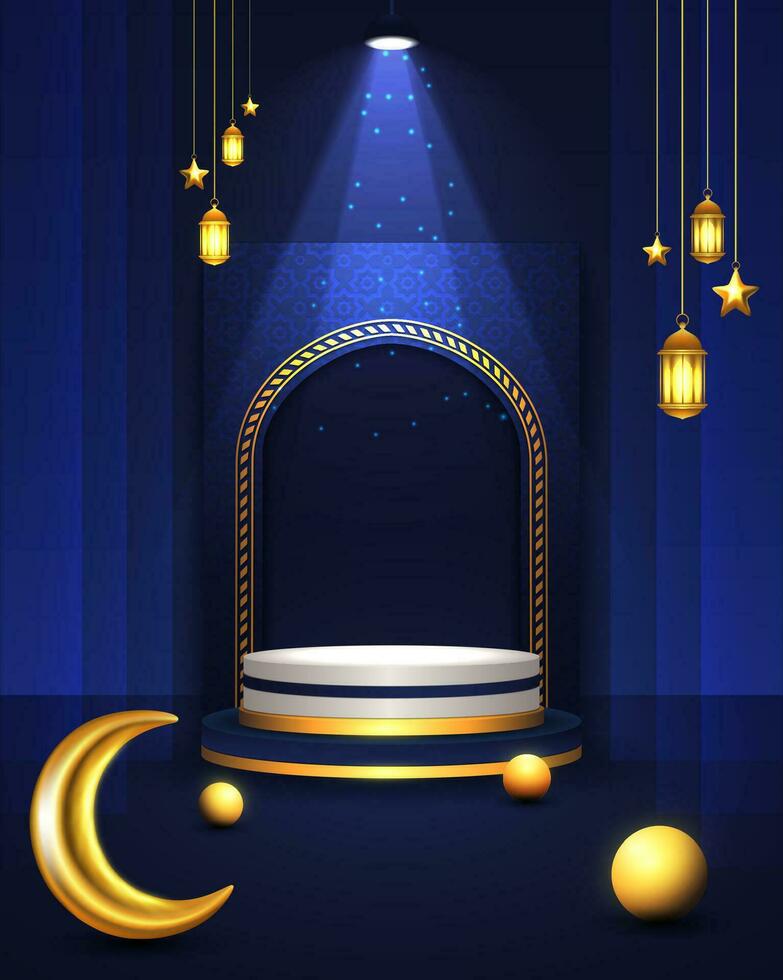 Blau islamisch Podium mit Star Mond Elemente und hängend Lampen vektor
