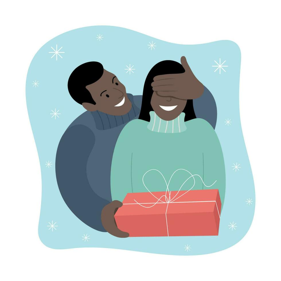 Lycklig svart par, kille ger flicka en gåva, isolera på vit, platt vektor, händelse, vinter- illustration vektor